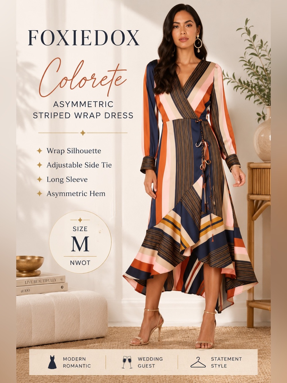 Foxiedox Colorete Asymmetrical Striped Wrap Midi Dress Size Medium
